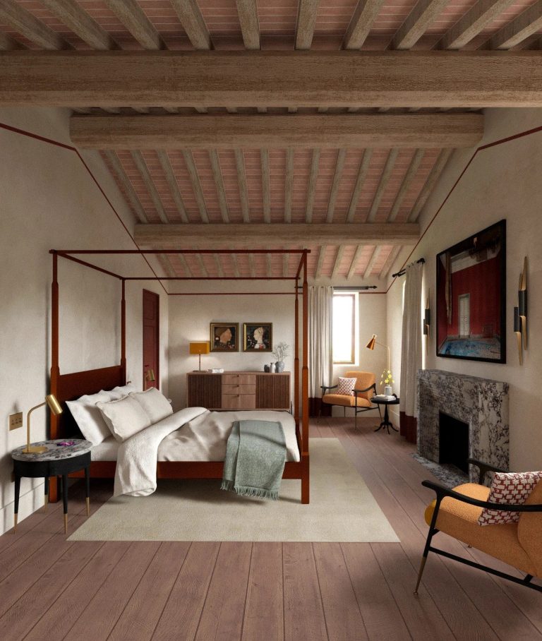 Eco-luxury accommodation in Tuscany Elegant and spacious Junior Suite with kingsize bed, fireplace and timeless Tuscan charm.