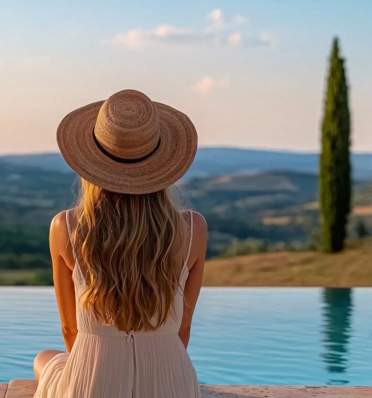 Agaporia's infinity pool overlooking the rolling hills of Tuscany Female guest from behind, wearing a straw hat, admiring a Tuscan landscape overlooking a swimming pool.